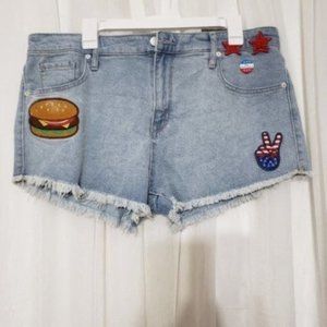 Mossimo High Rise Distressed Hamburger Patch Peace Sign #76 Denim Shorts
